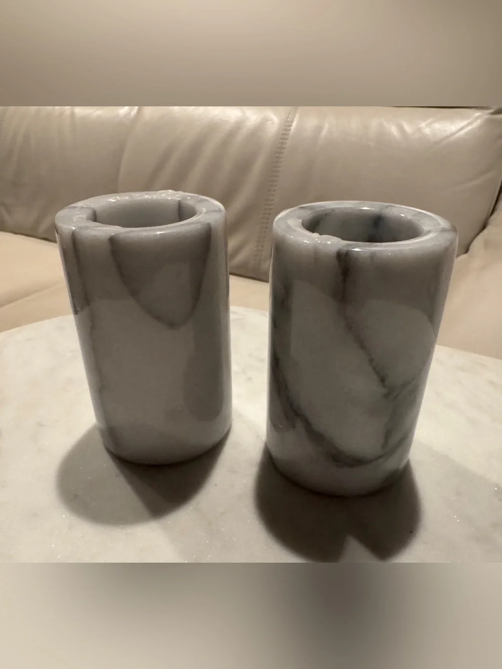 Knobler Taiwan Vintage White & Gray Marble Pillar Candle Holder Cylinder Shaped